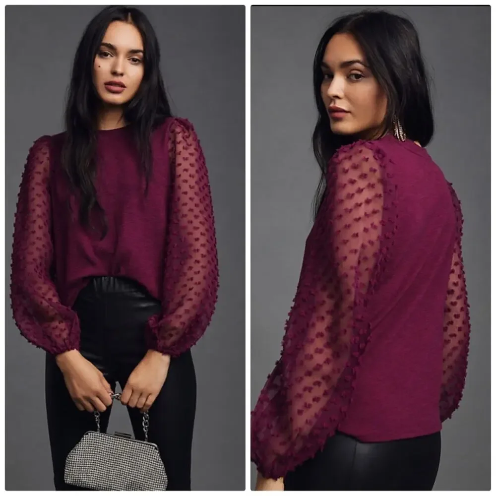 Anthropologie Women's Maeve Textured-Sleeve Top in Purple Size XSP‎